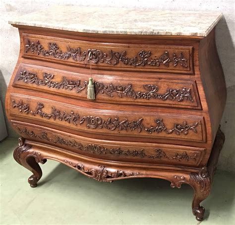 20th Spanish Dresser in Carved Wood with Marble Top and Four Drawers ...