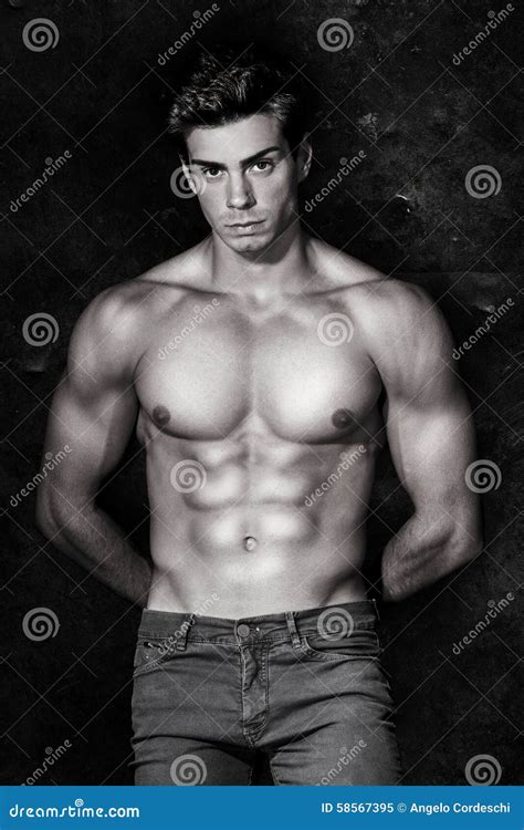 Italian Model Muscular Man. Nude Portrait. Black and White Stock Image ...