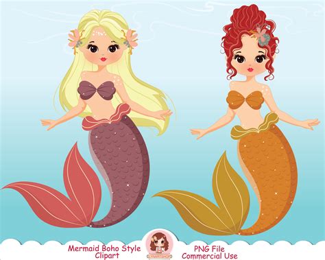 Cute Mermaid Clipart PNG Mermaids Clip Art Little Mermaid - Etsy