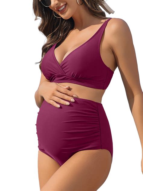Sociala Womens Two Piece Maternity Swimsuit V Neck Bikini Sets Ruched ...