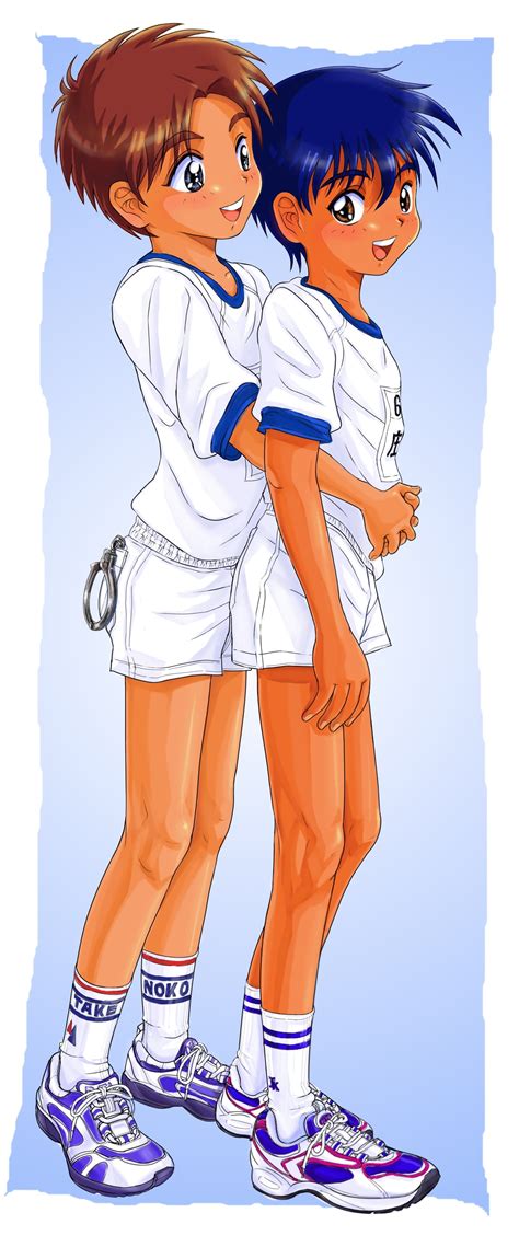 Safebooru - 2boys blush child hug male focus multiple boys shirt shoes shorts simple background ...