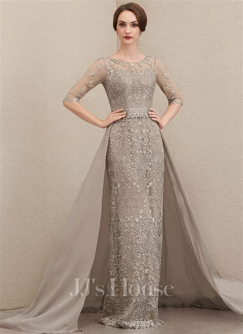 Sheath/Column Scoop Illusion Detachable Floor-Length Chiffon Lace Mother of the Bride Dress ...