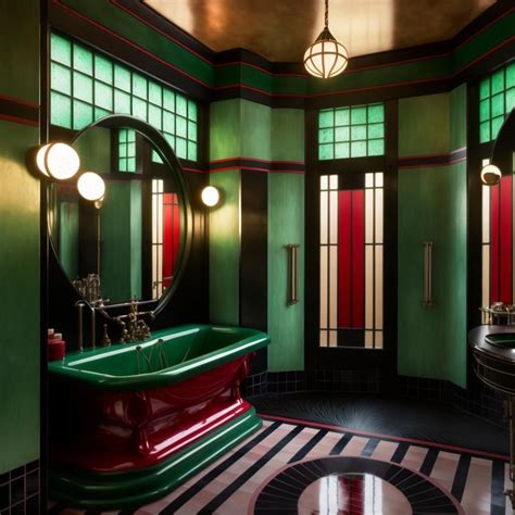 Art Deco Bathroom with Green Walls and Red Tub
