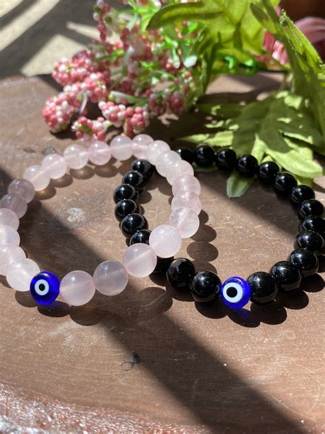 Protection love bracelet rosequartz and black onyx evileye couples ...