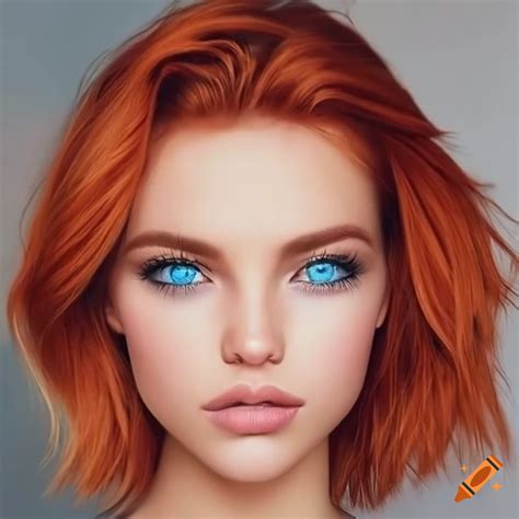 Hyperrealistic portrait of a woman with red hair and blue eyes on Craiyon