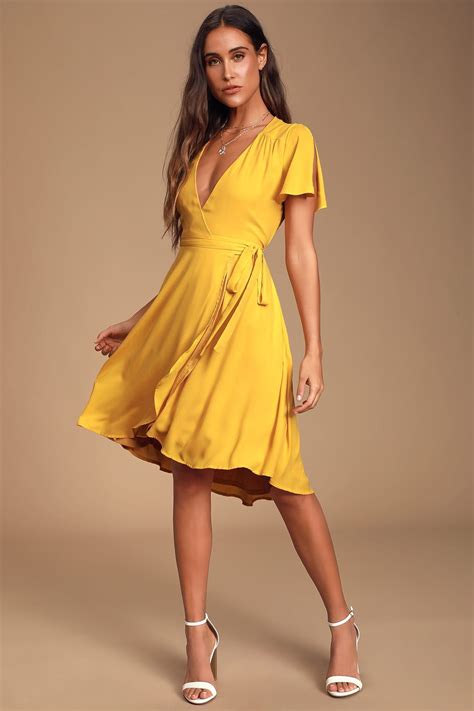 Rise to the Occasion Golden Yellow Midi Wrap Dress | Cocktail dress ...