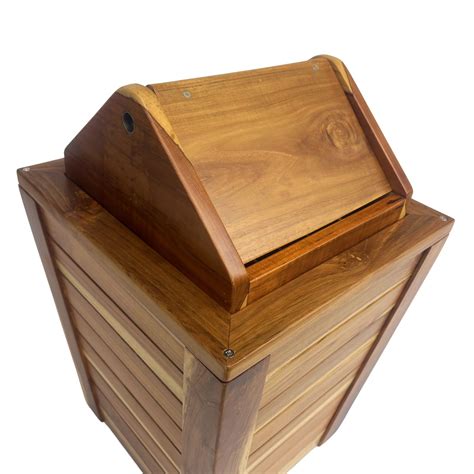 Teak wood trash can with swing top lid | Wood Ceylon
