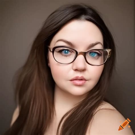 30-year-old woman with round chubby face, dark brown hair, blue eyes ...