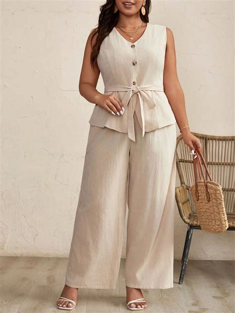 SHEIN Frenchy Plus Size Solid Color Sleeveless Top And Wide Leg Pants ...