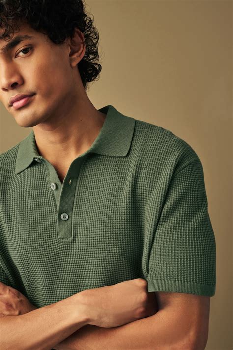 Buy Green Regular Fit Knitted Waffle Textured 100% Cotton Polo Shirt ...