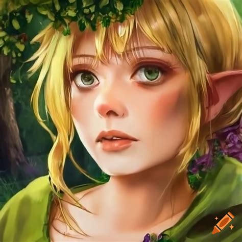 Image of a blonde elf with Ramona Flowers hairstyle in a forest on Craiyon