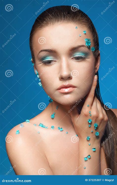 Beautiful Naked Young Woman Covered with Blue Crystals Stock Image ...