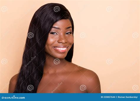 Photo of Shiny Cute Dark Skin Nude Woman Smiling Empty Space Isolated Beige Color Background ...