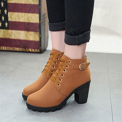 UTTOASFAY Clearance Shoes Women Boots,Metal Solid Color Round Toe Thick ...