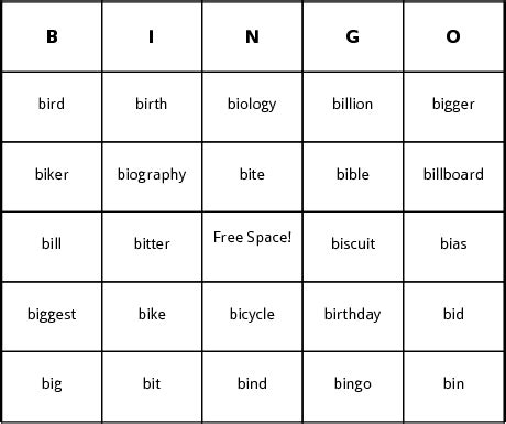 Words Beginning with bi Bingo Cards