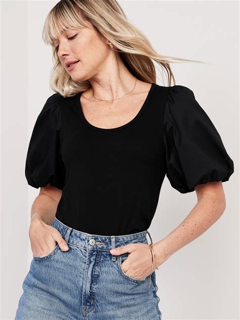 Fitted Puff-Sleeve Paneled Rib-Knit T-Shirt | Old Navy