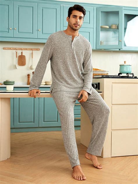 Men Half Button Ribbed Knit Tee & Trousers PJ Set in 2024 | Men ...