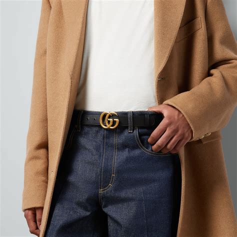 Men's Slim Black Leather Belt With Gold Double G Buckle | GUCCI® AU