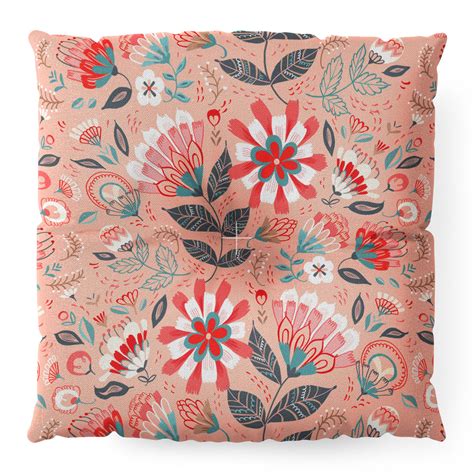 Folk Floral Pink Floor Pillow Square Pimlada Phuapradit