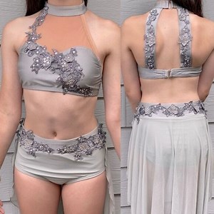 Glamorous dance costume lyrical 2 piece gray custom made rhinestoned AXS