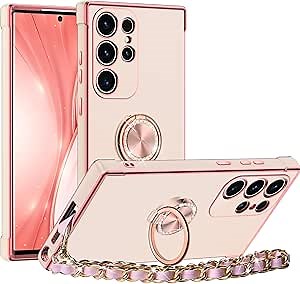 Miss Arts for Samsung Galaxy S24 Ultra Case with Stand, Galaxy S24 Ultra Case with Ring Kickstand, Women Girls Cute Luxury Bling Soft Protective Phone Case with Strap for Samsung S24 Ultra, Pink