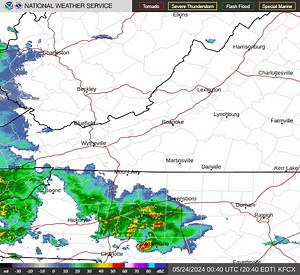 Scattered rain showers and possibly a thunderstorm or two remain in the forecast for the overnight hours. Current radar (as of 9:00PM) showing rainfall moving back into NW NC and SW VA. | US National Weather Service Blacksburg VA