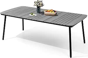 Grey Outdoor Dining Table 82" Aluminum Patio Table with Umbrella Hole for 8 Rectangle Table for Lawn Backyard Garden Poolside
