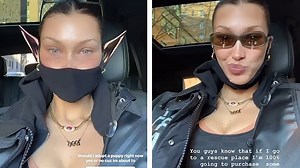 Bella Hadid shows off her toned tummy in an athletic bra and leggings