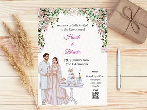 Indian Wedding Reception Invitation Digital, Editable Desi Hindu Floral E-vite Template, Pink Pastel Illustrated Couple Canva Download - Etsy Canada