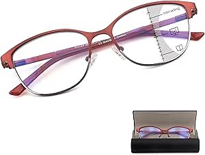 Cat Eye Progressive Multifocus Reading Glasses for Women No Line Multifocal Readers Metal Frame with Hard Case (Workspace For Near Range, Red + Silver, +1.50)