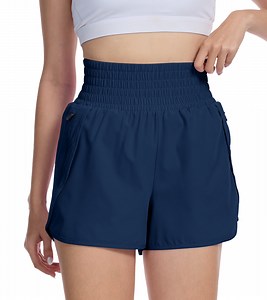Satankud Women's High Waisted Running Shorts Mesh Liner Quick Dry Athletic Gym Track Workout Shorts Zip Pocket Navy Blue Size 2XL