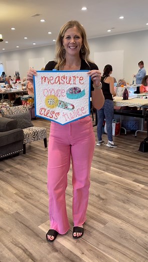 Hey, it’s Misty from the Doan Girls Retreat! We’ve been having a ball this week, stitching and laughing and learning. But Monday is right around the corner which means soon, you’ll know exactly how to make this Measure Once, Cuss Twice wall hanging designed by Jemima Flendt at Tied with a Ribbon! Be sure to tune in this Monday. | Quilting Deals - Missouri Star Quilt Co