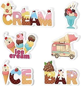 6 Pack Wooden Ice Cream Party Decorations - Table Centerpieces & Bar Signs for Birthday Party, Baby Shower, Ice Cream Social