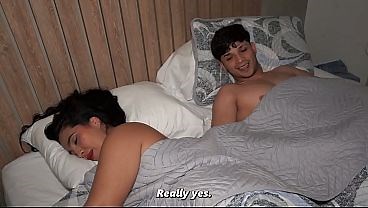MILF stepmom and stepson have amazing sex sharing the same bed