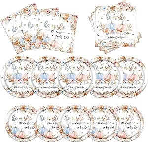 Fall Pumpkin Gender Reveal Decorations,60Pcs What Will Our Little Pumpkin Be Gender Reveal Tableware Set Orange Autumn Plates,Napkins and Cups for Girl or Boy Baby Shower Party Disposable Supplies