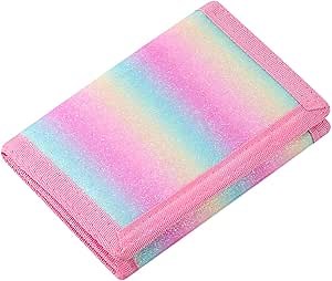 RFID Kids Wallets for Girls, Cute Wallet for Teens with Magic Sticker, Toddler Wallet with Coin Pocket (Rainbow Glitter 02)