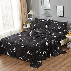 Christmas Bed Sheet Set Twin Size Reindeer/Elk Pattern, 4-Piece 16 inch Deep Pockets Soft Bedding Set, 1 Flat Sheet，1 Fitted Sheet, 2 Pillow Cases
