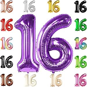 KatchOn Purple 16 Balloons Number 40 Inch | Mylar 16 Balloon Numbers Purple for Sweet 16 Party Decorations Purple, Sweet 16th Birthday Decorations for Girls