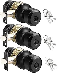 KNOBWELL 3 Pack Entry Door Knob with Lock and Keys, Keyed Alike Exterior Door Knobs in Matte Black Finish