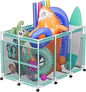 POOLHOUR Pool Float Storage – Outdoor Pool Toy Storage Organizer for Pool Noodles, Toys, Floats, Balls, and Equipment, Mesh Rolling Storage Organizer Bin, Cyan