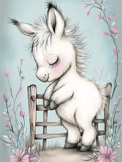 Fluffy Donkey, Smiling Mule, Cute Baby Mule, Pastel Donkey, Sweet Farm Pet, Soft White Fur, Blue Sky Art, Wooden Fence, Flower Border - Etsy