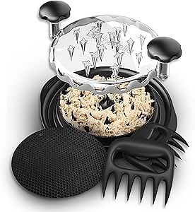 Meat Shredder Set - Bear Claws, Silicon Mat - Pulled Pork Shredding Twist Tool - Large Chicken Breast Shredder Machine - Clear Lid, Easy Handle, Dishwasher Safe, Anti-Slip (Black)