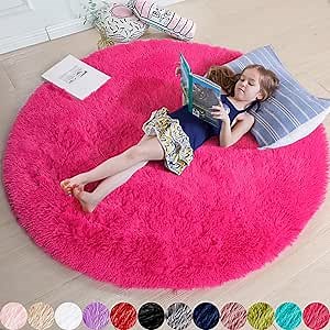Hot Pink Round Circle Rug 6Ft for Girls Bedroom, Big Fluffy Area Rugs for Kids Room Decor Aesthetic, Shag Plush Fuzzy Furry Carpet for Living Room Nursery Dorm Classroom, Cute Teen Baby Preppy Rug