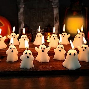 21 PCS Halloween Ghost Candles Spooky Candles White Floating Candles Halloween Decorative Tabletop Candle White Dripless Wax Burning Candle for Halloweens Party