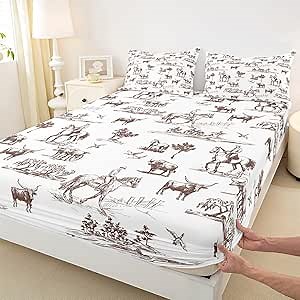 Western Cowboy Bedding Set Queen Size for Kids Boys Girls Wild Horse Cow Animals Fitted Sheet 3Pcs Sketch Brown White Southwest Tribal Bed Sheet Rustic Farmhouse Deep Pocket Sheet,2 Pillowcase