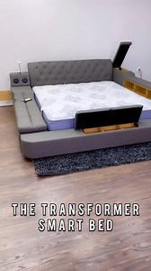 This ultimate smart bed can fulfill everything you need in the bedroom. Featuring bluetooth speakers, a nested shelving, and massage seats along with storage at the bed end and bedside. Enjoy USB outlets and a reading light. Includes a hidden safe with keypad and keys. #furnituremecca #smartbed #transformers | Furniture Mecca