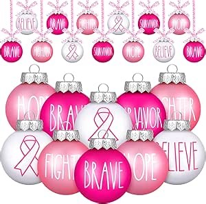 Thyle 12 Pcs Breast Cancer Christmas Ornaments for Tree Pink Ribbon Ball Ornaments 2.36 Inch Breast Cancer Awareness Christmas Decorations Hope Brave Bulb for Home Xmas Tree Party Pink Decor Gifts
