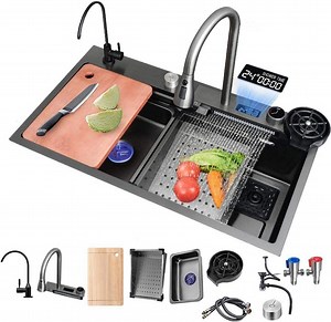 [Hot Item] Multifunction Sink Anti Scratch LED Digital Display Waterfall Kitchen Sink with Cup Washer Stainless Steel