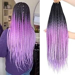 Ombre Purple Crochet Box Braids Pre Looped Crochet Braids for Women and Girl 20 Inch Small Size Thin Braid Hair Extension (Ombre Purple, 20 inch box braids 6 packs)