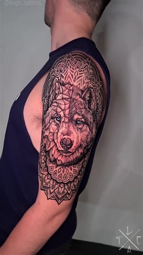 geometric half face wolf tattoo #wolftattoo #geometric #mandala #wolf